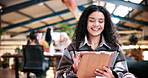 Happy, student and woman in university with tablet, education and online research for assignment task. Person, study and smile in college with tech, learning and reading ebook for academic project.