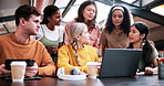 Planning, students and people with laptop on campus, task delegation and research for group project. Discussion, tech and friends with brainstorming for college assignment, teamwork and education