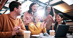 Success, clap or people in college with laptop, thesis results or good news on team project. University, flare or students with applause, academic achievement or lecturer approval on group submission