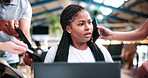 Woman, hands or laptop with anxiety in office for chaos, overwhelming tasks or work pressure. Overworked, female person or demanding colleagues with computer or stress for multitasking or deadline