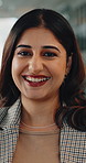 Face, business woman or employee in an office building with motivation, sales goal or mission for success. Manager, portrait or happy worker with vision, pride or smile for achievement or development