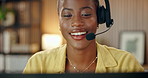 Remote work, start and black woman with headset, customer service and feedback on computer. Freelancer, happy consultant and wear mic for support, virtual assistance and help with tech at home