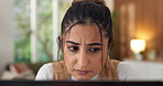 Reading, woman and confused with computer in home for proofreading, grammar mistake or remote work. Freelancer, person and puzzled with pc for story rejection, copywriting error and publication issue