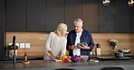 Cooking, recipe or old couple in kitchen with tablet, food blog or bonding together with meal prep. Digital, help or senior people in house with tech, online tutorial or connection in culinary hobby.