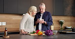 Cooking, recipe or old couple in kitchen with phone, food blog or bonding together with meal prep. Digital, help or senior people in house with tech, online tutorial or connection in culinary hobby.