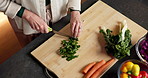 Above, cooking and hands with person in kitchen of home for healthy meal preparation. Food, knife and vegetables with senior woman at counter in apartment for cuisine, culinary hobby or recipe