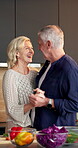 Dance, food and holding hands with old couple in kitchen of home together for bonding or meal prep. Connection, cooking and smile with senior people in apartment for fun, healthy eating or laughing