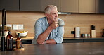 Thinking, coffee and senior man in kitchen for smile, morning peace and reflection for mindfulness. Vision, calm and elderly person with caffeine beverage for break, remember and nostalgia in home