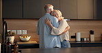 Love, dancing or senior couple in kitchen, romantic moment or weekend bonding for healthy relationship. Trust, smile and elderly people with music for support, connection and moving together in home