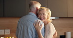 Love, dancing or old couple with smile in kitchen, romantic moment or bonding for healthy relationship. Trust, happy and elderly people with music for support, connection and moving together in home