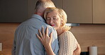 Love, dance or old couple with smile in kitchen, romantic moment or bonding for healthy relationship. Trust, happy and elderly people with music for support, connection and moving together in home