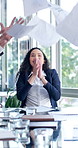 Clapping, businesswoman and throw paper with team for success, financial accomplishment and target. Applause, excited people and documents in air at office, revenue increase or investment profit