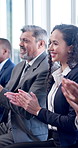 Meeting, applause and business people with success, company growth or financial accomplishment. Team talking, clapping and excited in office for celebration, revenue increase or investment earnings
