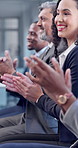 Meeting, applause and woman with team, company growth or financial accomplishment at workshop. Goal, clapping and excited in office for achievement celebration, revenue increase or investment success