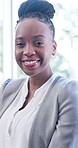 Face, business and black woman in waiting room with smile, recruitment or job interview for vacancy. Portrait, female person and candidate in office for hiring, human resources process and onboarding