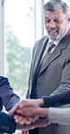Teamwork, businessman and hands together for celebration, goal motivation and applause in office. Happy employees, stack and collaboration with success, support and clapping for mission achievement