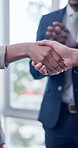 Clap, business people and handshake for partnership, deal or financial acquisition in office. Applause, shaking hands or celebration for investment success, corporate consolidation and company merger