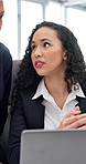 Laptop, meeting and teamwork with business people in office for feedback, report or update. Collaboration, computer and talking with employee group in corporate workplace for discussion or review