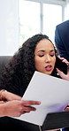 Team, woman and phone call with crisis in business, office and multitasking for tasks and signature. People, pressure and time management with tech for stress, problem and chaos in busy workplace