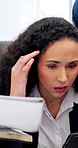 Team, woman and stress for chaos in business, office and multitasking with burnout or headache. People, document and time management with tech for compliance, problem and crisis in busy workplace