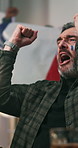 Game, celebration and man with French flag in pub, achievement and cheering for sport live broadcast. Mature person, talking and watching soccer tournament, fist pump and excited for success in bar