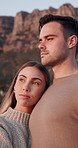 Outdoor, love and couple with smile for support, relationship security and peace for weekend bonding. Series, calm and people with confidence are for partner safety, trust and comfort for connection