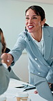 Business people, shaking hands and deal in office with paperwork, investment partnership and applause. Talk, happy woman and handshake with document for financial contract, clapping or thank you