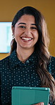 Pride, face or woman in office with tablet, wealth advisor or ambition as investment specialist. Confidence, portrait or financial consultant with tech, banking expert or about us in risk management.
