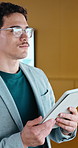 Tablet, typing and businessman in office for planning, client accounting and account broker. Communication, networking and consultant with person and tech for contact, research or budget proposal