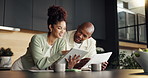 Tablet, paperwork or black couple with finance in kitchen for budget planning or investment in home. Man, woman or smile with documents or technology for asset management, expenses or bills in house