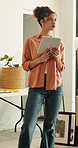 Architecture, thinking or woman in house with tablet, renovation or brainstorming on layout plan. Reflection, digital or interior designer with tech, restoration insight or improvement in remodel.