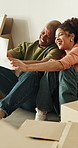 Blueprint, laughing and renovation with couple in new house together for mortgage investment. Floor plan, property and real estate with funny people on ground in apartment for home improvement