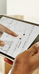 Hands, tablet screen and blueprint for renovation planning, construction or interior design of home. Architecture, review floorplan or layout with person, digital drawing or house remodeling project 
