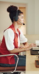 Call center, laptop or woman in home office with headset, contact us or investment advice in remote work. WFH, tech or finance consultant with mic, online banking or crm service in loan support.