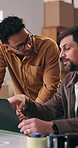 Logistics, team and men with laptop in office, discussion and planning for stock distribution on web. Online shop, collaboration and happy people with tech, supply chain and inventory management