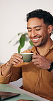 Thinking, smile or man in office with coffee, positive memory or hot drink enjoyment on work break. Satisfaction, happy or person with laptop, comfort beverage or nostalgic aroma with reflection.