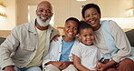 Support, grandparents and children in house with face, security or bonding in loving connection. Smile, generations or black family on sofa with hug, trust or happy moment in healthy relationship.