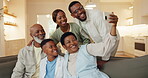Happy, generations or black family in house with selfie, picture or bonding post on weekend break. Grandparents, parents or child with tech, loving connection or memory capture for social media.