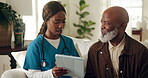 Doctor, tablet and advice to senior man in home for healthcare, treatment planning or support. Black people, patient and professional with tech on sofa for retirement health, healing progress or help