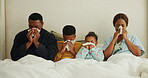 Sick, tissue and blowing nose with black family in bedroom for allergy, cold season and virus recovery. Disease, sneeze and illness with parents and children in home for viral infection and flu