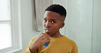 Dental, brushing teeth and face with black child in bathroom for toothbrush, cleaning and morning. Self care, oral hygiene and gum health with kid in home for plaque prevention, mouth and wellness