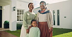 Face, senior mom and hug with child, backyard and bonding with grandchild on weekend visit at house. Black people, home and smile with kid, generations and connection with grandparent and family love