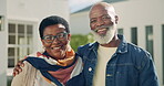 Face, senior couple and hug at house, love and commitment for relationship and bonding with partner. Outdoor, portrait and mature black people with smile on weekend, home and connection with spouse
