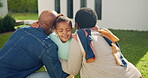 Happy, child and hug with grandparents, backyard and bonding with granddaughter on weekend at house. Senior black people, home and embrace with girl, outdoor and connection on visit or family love