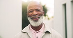 Happy, face and senior man in backyard for peaceful morning, fresh air and comfortable retirement. Pensioner, black person and smile with glasses outdoor at home for weekend break, wellness and relax