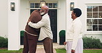 Hug, son and senior parents for real estate, congratulations and family celebration on new house. Smile, black people or embrace at front door for affection, property investment and milestone support