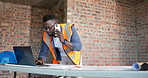 Architect, phone call and laptop with black man in building for structure engineer, construction and contact. Contractor, site plan and real estate developer with employee for talk and project
