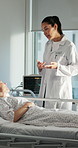 Talking, healthcare and doctor with woman in hospital bed for consulting, diagnosis and surgery results. Clinic, advice and person with patient for treatment, medical service and healing for wellness