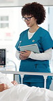 Hospital bed, tablet and nurse with person for consulting, medical service and surgery checkup. Healthcare, clinic and woman on tech for patient report, review and talking for operation recovery