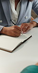 Notebook, research and hands of businesswoman in office with finance appointment, schedule or report. Journal, agenda and female financial manager with notes on investment planning in workplace.